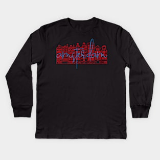 Facades of old canal houses from Amsterdam city illustration. Kids Long Sleeve T-Shirt